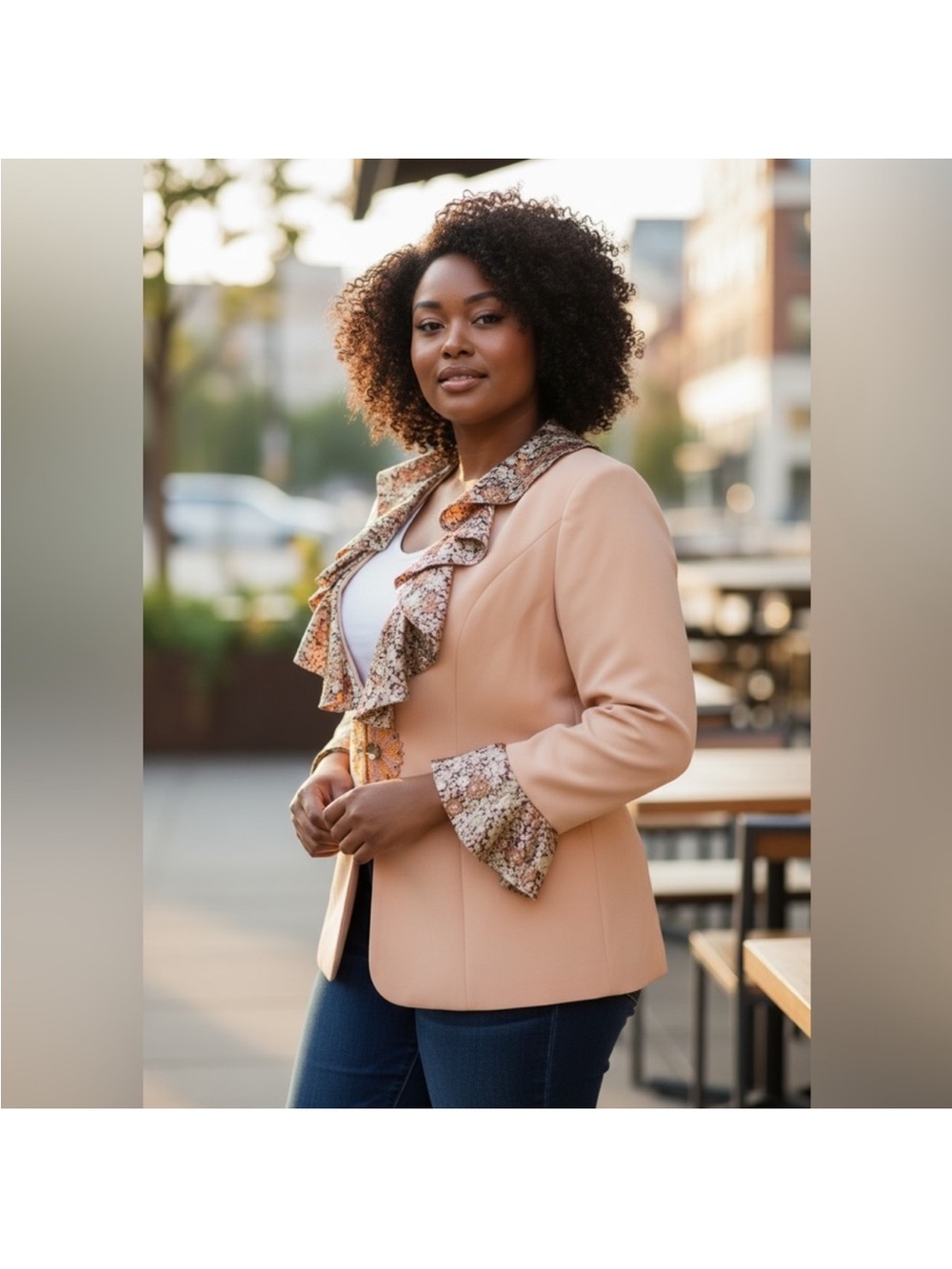 Tiffany Collection Vintage Peach Ruffle Trim Blazer Jacket with Rhinestones